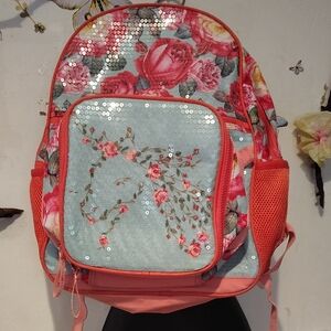 Floral Sequin Accent Backpack - Coral and Light Blue